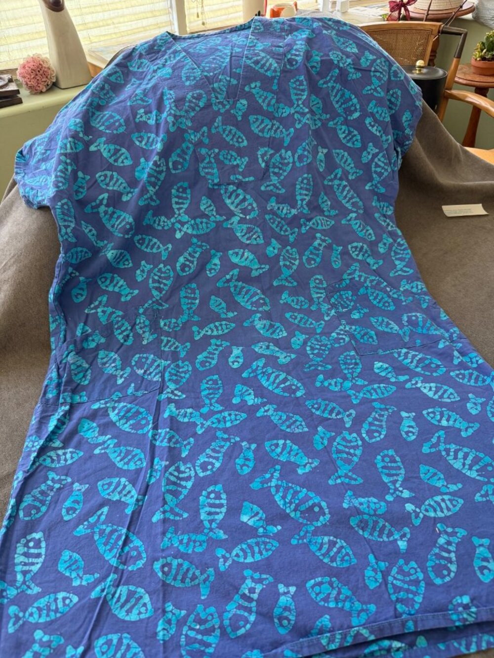 Handmade Blue Fish Print Cotton Caftan With Pockets & Side Slits